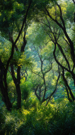 The Ironwood in summer, Bright sunlight pierces dense foliage, the air feels hot, natural.