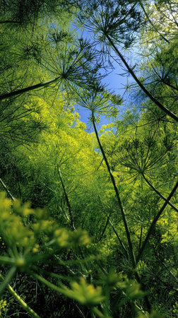 The Fennel in summer, Bright sunlight pierces dense foliage, the air feels hot, natural.