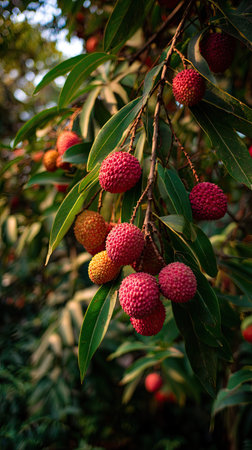 The Lychee in summer, Bright sunlight pierces dense foliage, the air feels hot, natural.