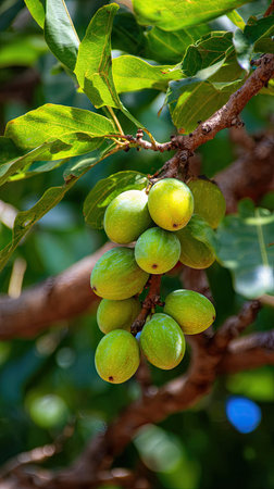 The Kakadu plum in summer, Bright sunlight pierces dense foliage, the air feels hot, natural.