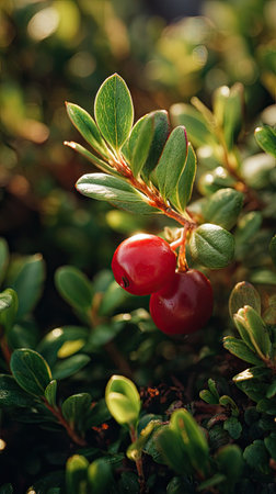 The Lingonberry in summer, Bright sunlight pierces dense foliage, the air feels hot, natural.