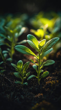 Small fresh leaves, growing upright in fertile soil, sunlight filtering gently, realistic textures,...
