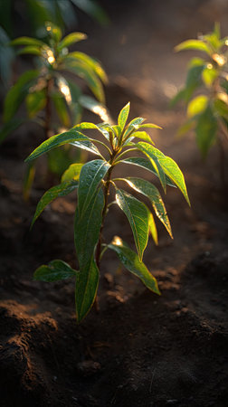 Avocado tree with small fresh leaves, growing upright in fertile soil, sunlight filtering gently,...