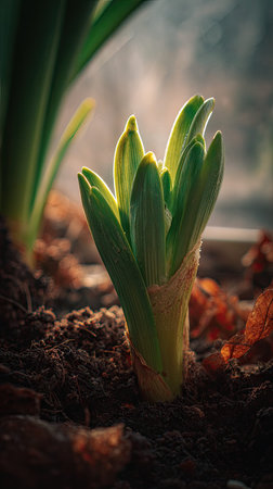 Amaryllis with small fresh leaves, growing upright in fertile soil, sunlight filtering gently,...