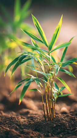 Bamboo palm with small fresh leaves, growing upright in fertile soil, sunlight filtering gently, realistic textures, vibrant green tones, natural photography style, wide balanced compositionの写真素材