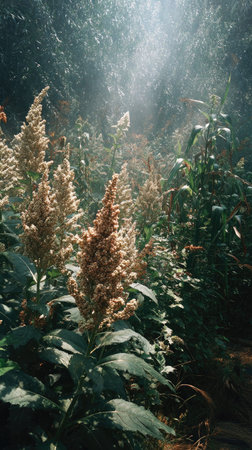 The Quinoa in summer, Bright sunlight pierces dense foliage, the air feels hot, natural.