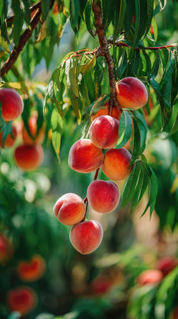 The Peach in summer, Bright sunlight pierces dense foliage, the air feels hot, natural.の写真素材