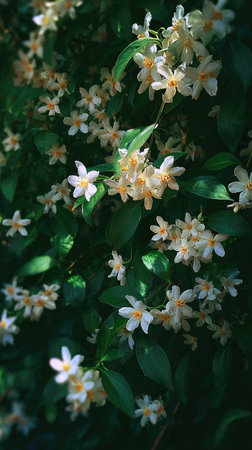 The Star jasmine in summer, Bright sunlight pierces dense foliage, the air feels hot, natural.の写真素材