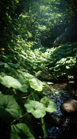 Bright sunlight pierces dense foliage, the air feels hot, natural.