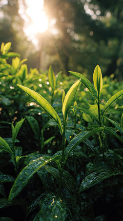 The White tea in summer, Bright sunlight pierces dense foliage, the air feels hot, natural.
