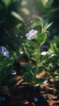 Brunfelsia with small fresh leaves, growing upright in fertile soil, sunlight filtering gently, realistic textures, vibrant green tones, natural photography style, wide balanced compositionの写真素材
