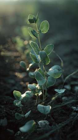 Caper with small fresh leaves, growing upright in fertile soil, sunlight filtering gently, realistic...