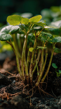 Ginseng with small fresh leaves, growing upright in fertile soil, sunlight filtering gently,...