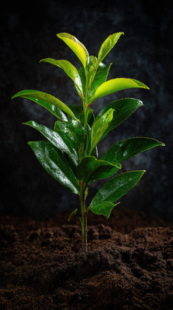 Camellia with small fresh leaves, growing upright in fertile soil, sunlight filtering gently,...