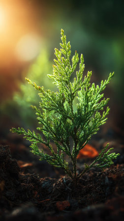 Cedar with small fresh leaves, growing upright in fertile soil, sunlight filtering gently, realistic textures, vibrant green tones, natural photography style, wide balanced compositionの写真素材