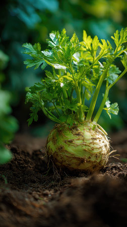 Celeriac with small fresh leaves, growing upright in fertile soil, sunlight filtering gently, realistic textures, vibrant green tones, natural photography style, wide balanced compositionの写真素材