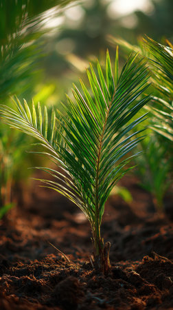 Coconut palm with small fresh leaves, growing upright in fertile soil, sunlight filtering gently, realistic textures, vibrant green tones, natural photography style, wide balanced compositionの写真素材