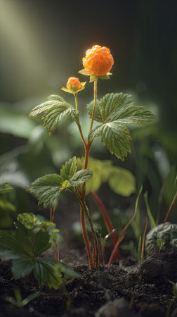 Small fresh leaves, growing upright in fertile soil, sunlight filtering gently, realistic textures,...