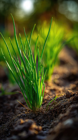 Chives with small fresh leaves, growing upright in fertile soil, sunlight filtering gently,...