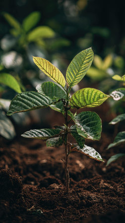Cocoa tree with small fresh leaves, growing upright in fertile soil, sunlight filtering gently,...