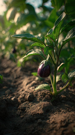Eggplant with small fresh leaves, growing upright in fertile soil, sunlight filtering gently, realistic textures, vibrant green tones, natural photography style, wide balanced compositionの写真素材