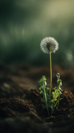 Dandelion with small fresh leaves, growing upright in fertile soil, sunlight filtering gently, realistic textures, vibrant green tones, natural photography style, wide balanced compositionの写真素材