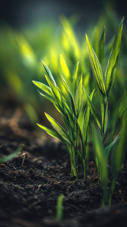 Kamut with small fresh leaves, growing upright in fertile soil, sunlight filtering gently, realistic textures, vibrant green tones, natural photography style, wide balanced compositionの写真素材