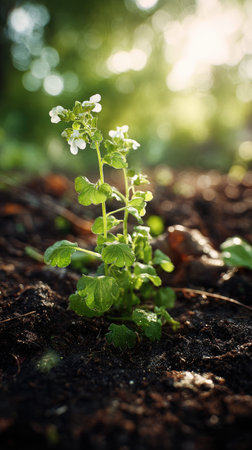 Nemesia with small fresh leaves, growing upright in fertile soil, sunlight filtering gently,...