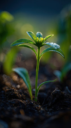 Coneflower with small fresh leaves, growing upright in fertile soil, sunlight filtering gently,...