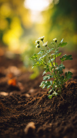 Garland chrysanthemum with small fresh leaves, growing upright in fertile soil, sunlight filtering...