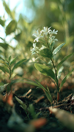 Jasmine with small fresh leaves, growing upright in fertile soil, sunlight filtering gently,...