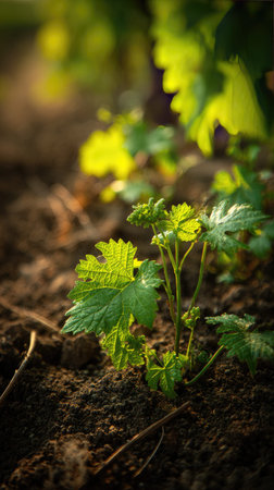 Grape with small fresh leaves, growing upright in fertile soil, sunlight filtering gently, realistic...