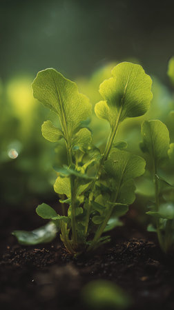 Leaf mustard with small fresh leaves, growing upright in fertile soil, sunlight filtering gently,...