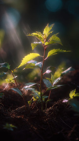 Mahogany with small fresh leaves, growing upright in fertile soil, sunlight filtering gently,...