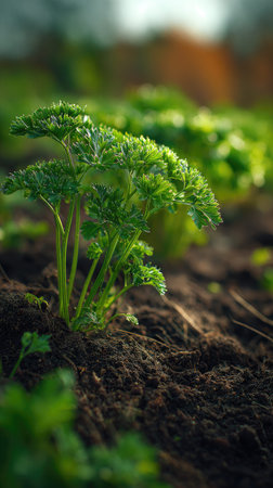 Parsley with small fresh leaves, growing upright in fertile soil, sunlight filtering gently,...
