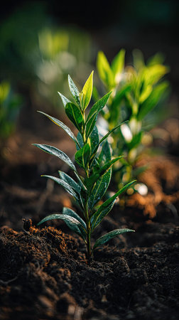 Laurel with small fresh leaves, growing upright in fertile soil, sunlight filtering gently,...