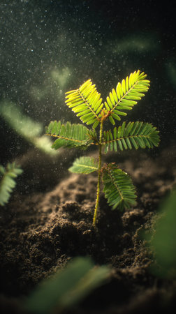 Mimosa with small fresh leaves, growing upright in fertile soil, sunlight filtering gently,...