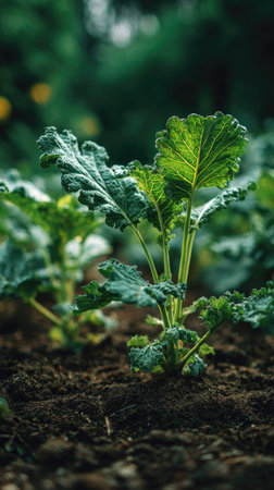 Kale with small fresh leaves, growing upright in fertile soil, sunlight filtering gently, realistic...