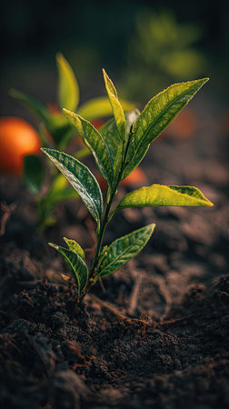 Small fresh leaves, growing upright in fertile soil, sunlight filtering gently, realistic textures, vibrant green tones, natural photography style, wide balanced compositionの写真素材