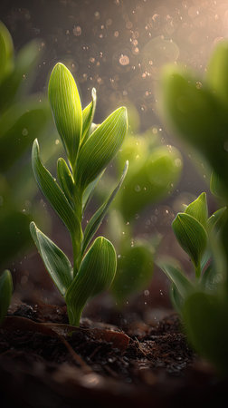 Job s tears with small fresh leaves, growing upright in fertile soil, sunlight filtering gently, realistic textures, vibrant green tones, natural photography style, wide balanced compositionの写真素材