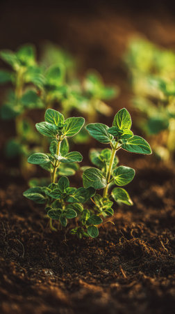 Oregano with small fresh leaves, growing upright in fertile soil, sunlight filtering gently,...