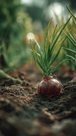 Onion with small fresh leaves, growing upright in fertile soil, sunlight filtering gently, realistic...