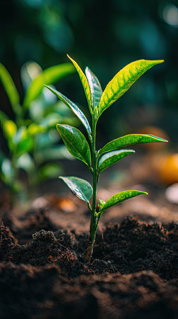 Small fresh leaves, growing upright in fertile soil, sunlight filtering gently, realistic textures,...