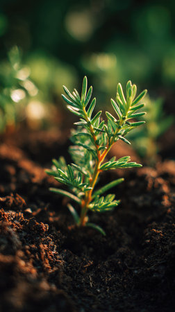 Juniper berry with small fresh leaves, growing upright in fertile soil, sunlight filtering gently, realistic textures, vibrant green tones, natural photography style, wide balanced compositionの写真素材