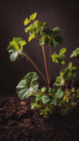 Peppermint geranium with small fresh leaves, growing upright in fertile soil, sunlight filtering...