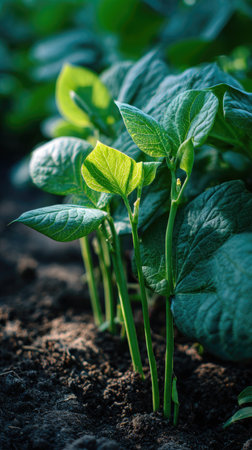 Runner bean with small fresh leaves, growing upright in fertile soil, sunlight filtering gently, realistic textures, vibrant green tones, natural photography style, wide balanced compositionの写真素材
