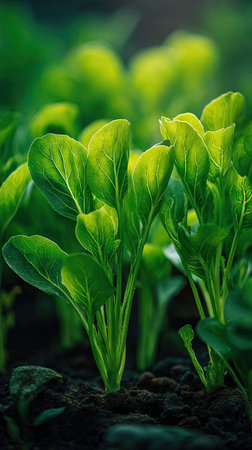 Komatsuna with small fresh leaves, growing upright in fertile soil, sunlight filtering gently,...