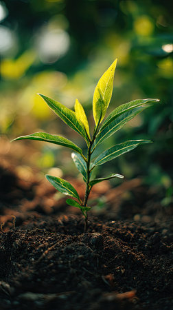 Tree leaves with small fresh leaves, growing upright in fertile soil, sunlight filtering gently,...