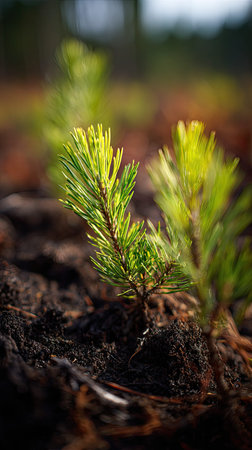 Lodgepole pine with small fresh leaves, growing upright in fertile soil, sunlight filtering gently,...