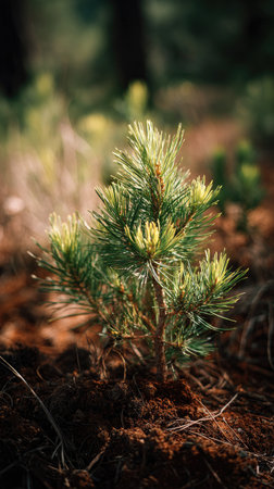 Ponderosa pine with small fresh leaves, growing upright in fertile soil, sunlight filtering gently, realistic textures, vibrant green tones, natural photography style, wide balanced compositionの写真素材